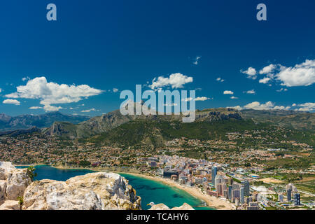 View of the area of apartments and hotels in Calpe, Alicante, Spain, residential area and Aitana mountain range from the top of the rock of Ifach Stock Photo