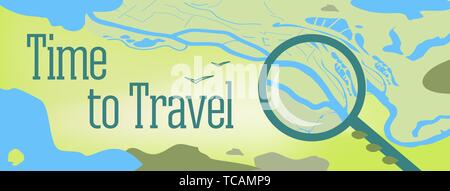 Vector banner design with text Time to Travel. Illustration of a map of the world, with the sea, lakes, mountains, and a magnifying glass on a backgro Stock Vector