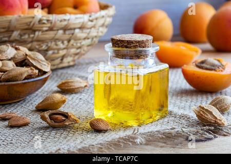 A bottle of apricot kernel oil with fresh ripe fruit.