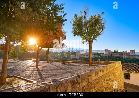 Alhambra sunrise in Granada from San Nicolas lookout in Spain at Albaicin.