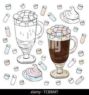 Black and white and color coffee and marshmallow  on white background.  Stock Vector