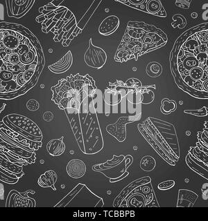 Seamless pattern with different fast food elements on chalkboard.  Stock Vector