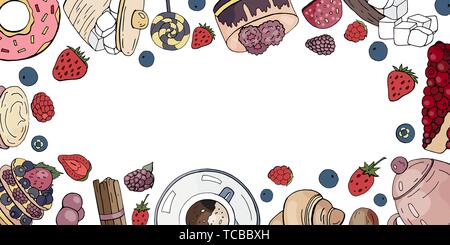 Horizontal banner with different cakes, coffee, friut and berries isolated on white background Stock Vector