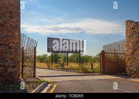 Galton Gate to Etosha National Park in Namibia and the entrance sign Stock Photo