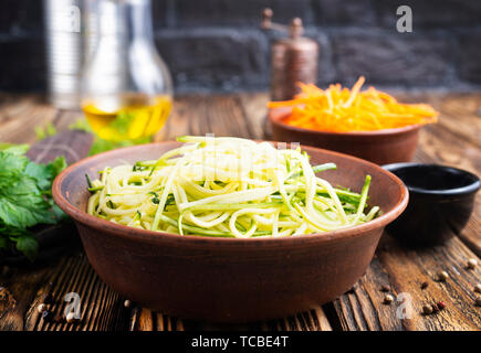 Zucchini noodles on in bowl. Vegetable noodles - green zoodles Stock Photo