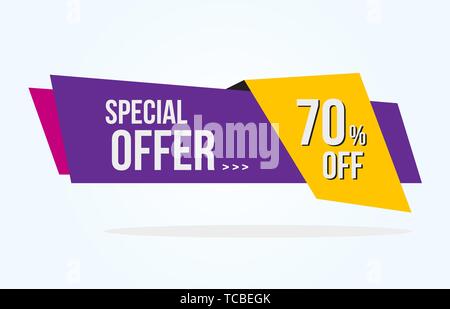 70% Discount Tag with Special Offer Ribbon. Sale Label with Advertisement Offer Design Template. Modern Graphic Style Vector Illustration. Stock Vector