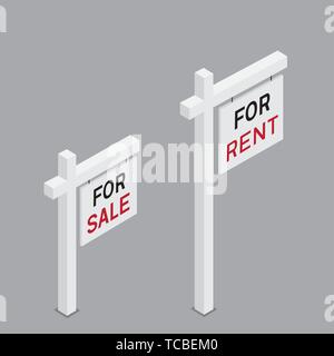 For rent and sale isometric sign on gray background. Real estate sell white billboard Stock Vector