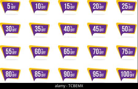 Modern Sale and Discount Price Tag 5, 10, 15, 20, 25, 30, 35, 40, 45, 50, 55, 60, 65, 70, 75, 80, 85, 90, 95, 100 Percent Off Sale Vector Illustration Stock Vector