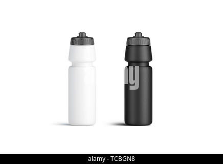 Blank black and white plastic sport bottle mock up, front view, isolated, 3d rendering. Clear reusable container with grey cap. Clean fitness flask in gym. Empty cycling botle for travel template. Stock Photo