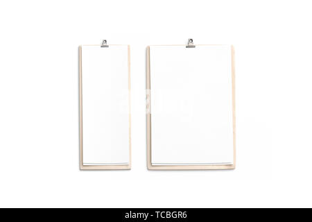 Blank white cafe menu, wooden board mockup, 4 inch, A4, top view, 3d rendering, isolated. Empty lists with food and drink on thin wood holder. Clear flyers on the clipboard for restaurant template. Stock Photo