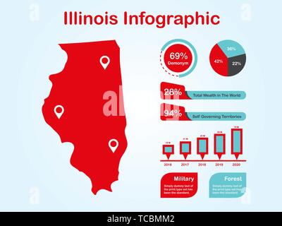 Illinois State (USA) Map with Set of Infographic Elements in Red Color in Light Background. Modern Information Graphics Element for your design. Stock Vector