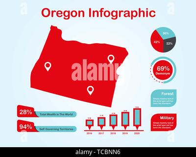 Oregon State (USA) Map with Set of Infographic Elements in Red Color in Light Background. Modern Information Graphics Element for your design. Stock Vector