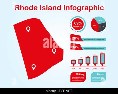 Rhode Island State (USA) Map with Set of Infographic Elements in Red Color in Light Background. Modern Information Graphics Element for your design. Stock Vector