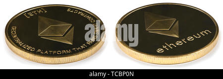 Golden ethereum isolated on white background. Front and back sides are shown. High resolution photo. With clipping path. Full depth of field. Stock Photo