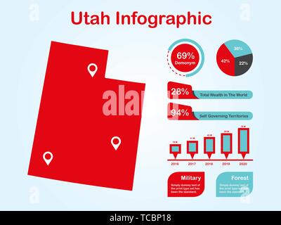 Utah State (USA) Map with Set of Infographic Elements in Red Color in Light Background. Modern Information Graphics Element for your design. Stock Vector