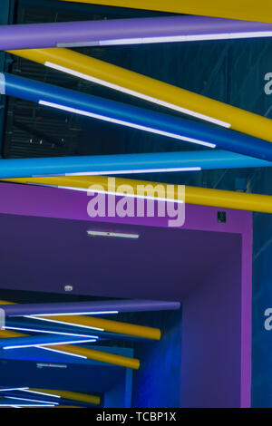 Lighting fixtures. Fluorescent lamps . Abstract background with regular structure of lines on the subject of modern architecture, industry or technolo Stock Photo