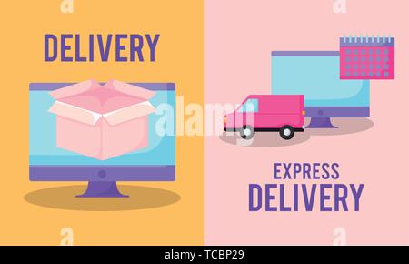 delivery service with monitor computer and set icons vector illustration design Stock Vector