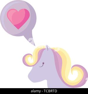 head of cute unicorn with speech bubble and heart vector illustration design Stock Vector