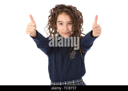 Portrait of adorable smiling girl child schoolgirl with curl hair standing isolated on a white background Stock Photo