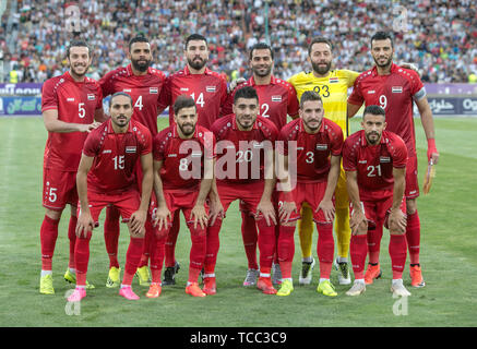 Tehran, Iran. 6th June, 2019. Players of Syria pose for photos before a friendly football match between Iran and Syria at Azadi Stadium in Tehran, Iran, June 6, 2019. Syria lost 0-5. Credit: Ahmad Halabisaz/Xinhua/Alamy Live News Stock Photo