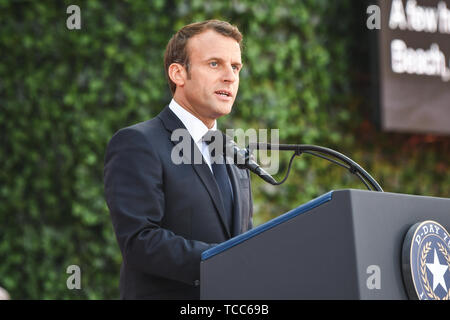 Colleville Sur Mer, France. 06th June, 2019. French President Emmanuel Macron addresses a commemoration ceremony marking the 75th D-Day Anniversary at the Normandy American Cemetery and Memorial June 6, 2019 in Colleville-sur-Mer, France. Thousands have converged on Normandy to commemorate the 75th anniversary of Operation Overlord, the WWII Allied invasion commonly known as D-Day. Credit: Planetpix/Alamy Live News