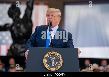 Colleville Sur Mer, France. 06th June, 2019. U.S. President Donald Trump delivers remarks during the commemoration ceremony marking the 75th D-Day Anniversary at the Normandy American Cemetery and Memorial June 6, 2019 in Colleville-sur-Mer, France. Thousands have converged on Normandy to commemorate the 75th anniversary of Operation Overlord, the WWII Allied invasion commonly known as D-Day. Credit: Planetpix/Alamy Live News