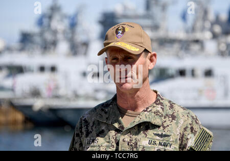 Kiel, Germany. 07th June, 2019. Andrew Lewis, Admiral of the US Navy and Commander of the Baltic Operations (BALTOPS) manoeuvre, is standing in the naval port. Warships from 18 nations take part in the manoeuvre on the Baltic Sea starting on 08.06.2019. Credit: Carsten Rehder/dpa/Alamy Live News Stock Photo