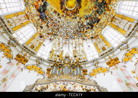 Colorful Frescoes on the Dome Ceiling of Ettal Abbey (Kloster Ettal), a Benedictine monastery in  Ettal village, Bavaria, Germany. Stock Photo