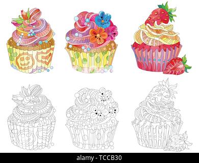 Vector set of cupcakes with strawberry. Hand drawn illustration for coloring book for adult in zentangle, doodle style. Color and outline set Stock Vector