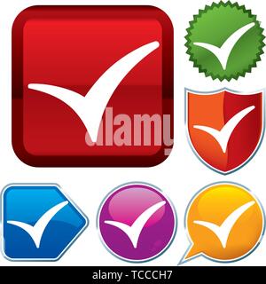 Vector illustration. Set shiny icon series on buttons. Check mark. Stock Vector
