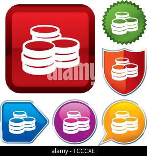 Vector illustration. Set shiny icon series on buttons. Coins. Stock Vector