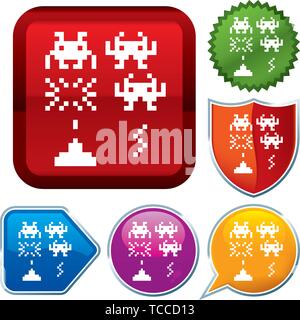 Vector illustration. Set shiny icon series on buttons. Computer game. Stock Vector