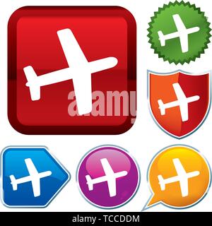 Vector illustration. Set shiny icon series on buttons. Airplane. Stock Vector