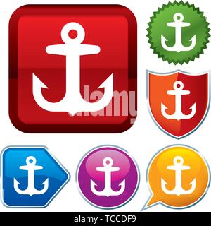 Vector illustration. Set shiny icon series on buttons. Anchor. Stock Vector