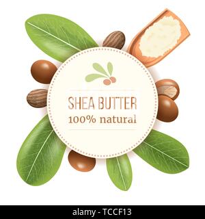 Ripe shea nuts and leaf Round Circle badge. shi tree pods whole and cracked. Vitellaria paradoxa. Card template copy space. for cooking, cosmetics, ar Stock Vector