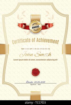 Official certificate with beige simple border. Business beige modern design. Gold emblem. Stock Vector