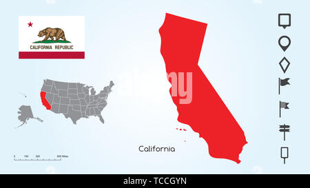 Map of The United States of America with the Selected State of California And California Flag with Locator Collection. Stock Photo