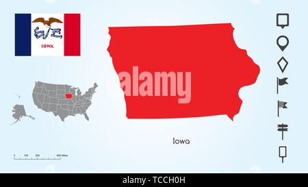 Map of The United States of America with the Selected State of Iowa And Iowa Flag with Locator Collection. Stock Photo