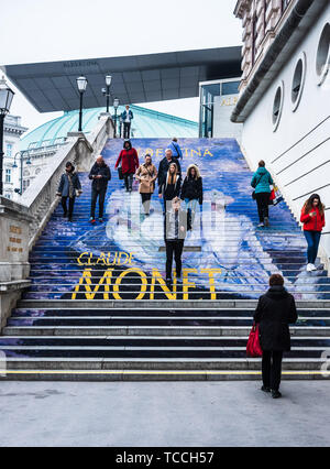 Steps up to the Albertina Museum and Art Gallery advertising an exhibition of works by Claude Monet in Vienna on 04/11/2018. Picture by Julie Edwards