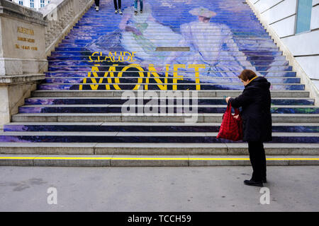 Steps up to the Albertina Museum and Art Gallery advertising an exhibition of works by Claude Monet in Vienna on 04/11/2018. Picture by Julie Edwards