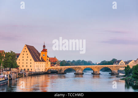 Regensburg cityscape with the medieval Stone Bridge (Steinerne Brücke) over the Danube river, Bavaria, Germany, Europe. Regensburg in one of most popu