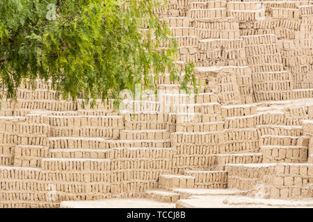 Huaca Pucllana, pre Columbian, pre Inca, pyramid temple, tomb and administrative center, frog shaped, adobe mound, and museum. Archaeological site in  Stock Photo