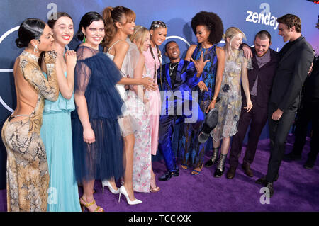 Alexa Demie, Maude Apatow, Barbie Ferreira, Sydney Sweeney, Zendaya, Storm Reid, Algee Smith, Nika King, Hunter Schafer, Angus Cloud and Jacob Elordi attending the HBO TV-Series 'Euphoria' at Cinerama Dome on June 4, 2019 in Los Angeles, California Stock Photo