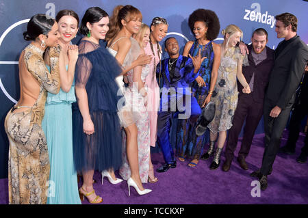 Alexa Demie, Maude Apatow, Barbie Ferreira, Sydney Sweeney, Zendaya, Storm Reid, Algee Smith, Nika King, Hunter Schafer, Angus Cloud and Jacob Elordi attending the HBO TV-Series 'Euphoria' at Cinerama Dome on June 4, 2019 in Los Angeles, California Stock Photo