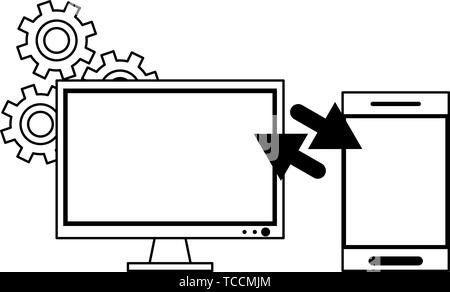 Cloud computing and technology symbols in black and white Stock Vector