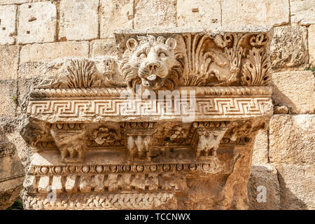 Head of the lion, Roman wall ornament at Bacchus temple, Bekaa Valley, Baalbek, Lebanon Stock Photo