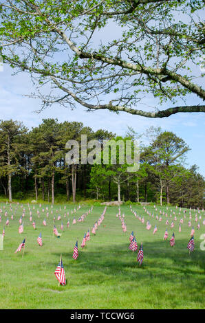 National Cemetery in Bourne, Massachusetts with American flags placed on each grave marker for Memorial Day framed by tree branches w/ leaves Stock Photo