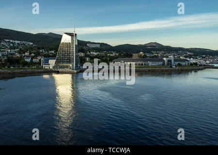 View of Molde at sunset with Scandic Seilet Hotel and Aker Stadion. Molde, More og Romsdal, Norway, August 2018 Stock Photo