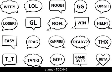 Speech bubbles with online computer gamers chat short messages Stock Vector