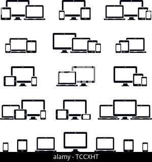 Responsive web design icons for computer monitor, smartphone, tablet and laptop. Responsive web design icons in different positions. Stock Vector